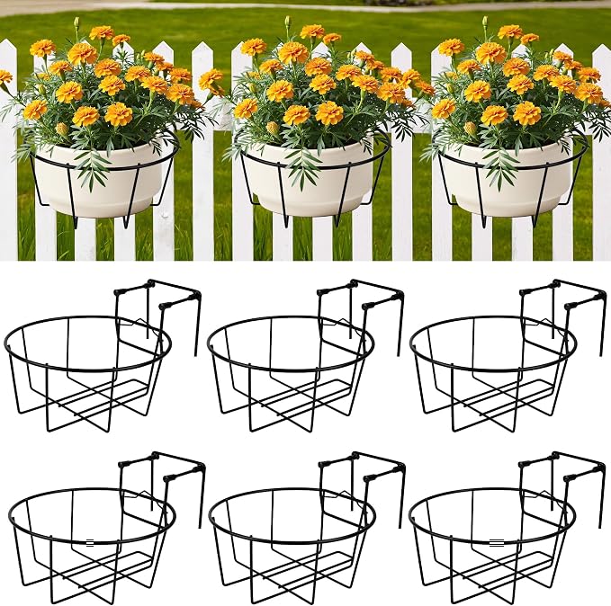 Adjustable Hanging Railing Planter, 6 Pack Fit 1.5 to 4.5 Inches Railing, Weather-Resistant Metal Balcony Rail Planters, Work for Outdoor Fence Deck Garden Patio Halloween Christmas Decor