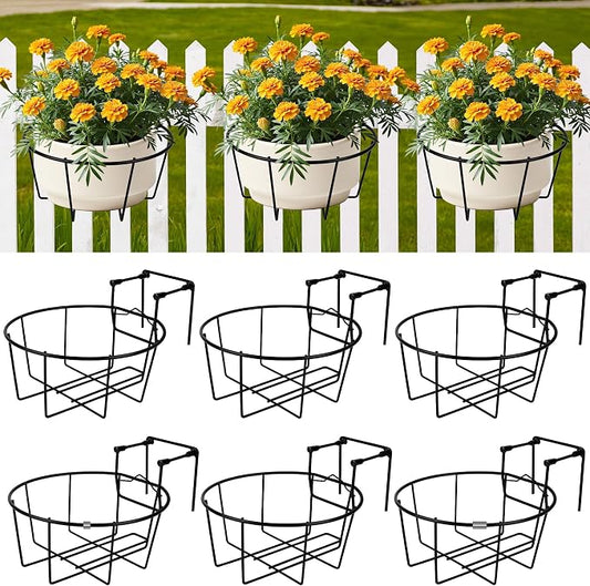 Adjustable Hanging Railing Planter, 6 Pack Fit 1.5 to 4.5 Inches Railing, Weather-Resistant Metal Balcony Rail Planters, Work for Outdoor Fence Deck Garden Patio Halloween Christmas Decor