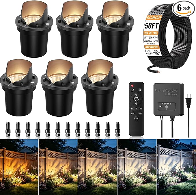 Low Voltage Landscape Lighting Kit, Well Lights with 144W Transformer & Wires, 5CCT In-ground Lights IP67 Waterproof 12-24V AC/DC Outdoor Path Lights for Garden Yard, 6 Pack