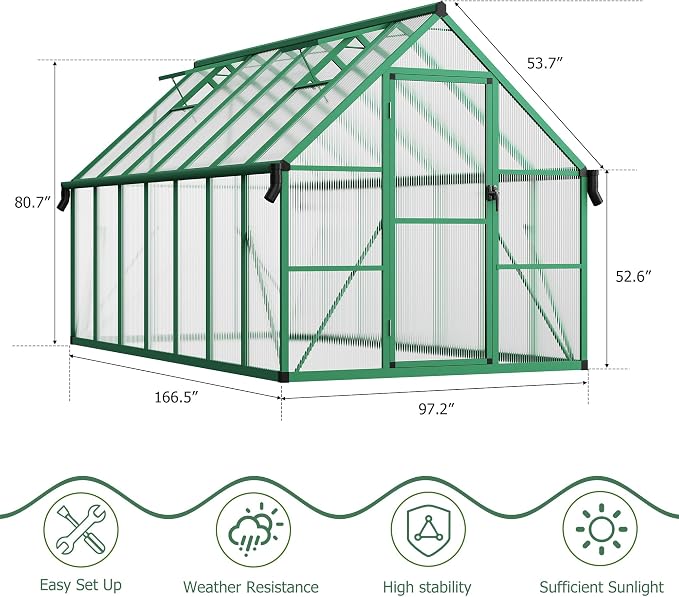 CABIHOME 8x12 FT Outdoor Greenhouse, Polycarbonate Greenhouse with Roof Vent and Ground Nails, Aluminum Large Walk-in Green House w/ Lockable Push Door for Outdoor Garden (Green, 8x14 FT)
