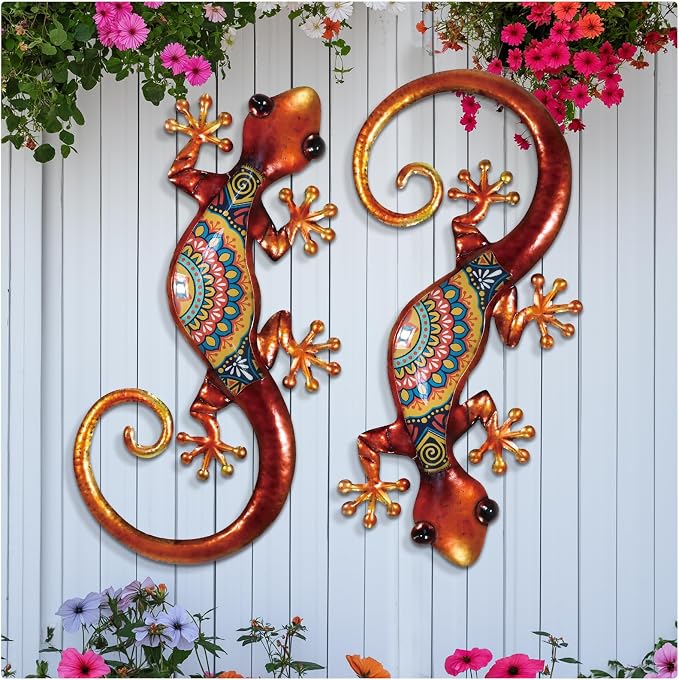 LIFFY Lizard Metal Wall Art Decor - 2 Pack 15 Inch Metal Wall Decor, Lizard Outdoor Hanging Glass Sculpture Decoration for Yard Garden Art, Patio Fence Home, Unique Gift Ideas