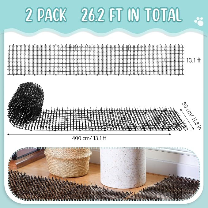 Sanwuta 2 Pcs 26.3 ft Cat Spike Mat Outdoor Cat Deterrent Mat with Spikes Prickle Strips Indoor Dog Digging Deterrent Anti Network Spikes with 10 Staples for Garden Fence(Black)