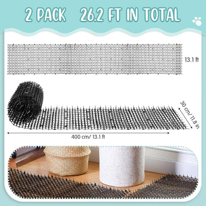 Sanwuta 2 Pcs 26.3 ft Cat Spike Mat Outdoor Cat Deterrent Mat with Spikes Prickle Strips Indoor Dog Digging Deterrent Anti Network Spikes with 10 Staples for Garden Fence(Black)