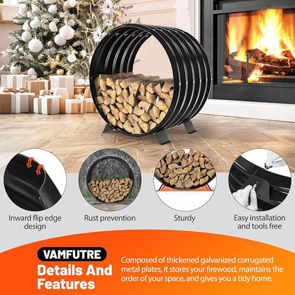 Round Metal Sheet Firewood Rack Indoor by Fireplace/Outdoor Beside Fire Pit-with Metal Legs,Rustproof,Durable & Stylish Firewood Holder (Circle, 24 Inches Diameter)