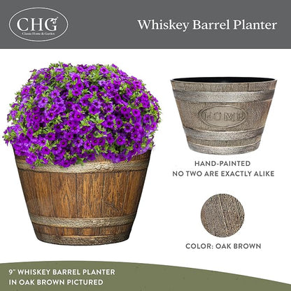 Whiskey Barrel Planters - Home Flower Planter Pot - Decorative Garden Pots - Indoor & Outdoor Resin Planters - Weather-Resistant Planting Pots (15" Oak Brown, Pack of 1)