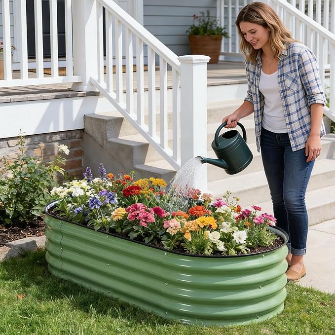 Galvanized Raised Garden Bed Outdoor, 2Pcs 4x2x1ft Oval Planter Box with Rubber Strip, Metal Raised Bed Kit for Vegetables Flowers Herbs, Olive Green