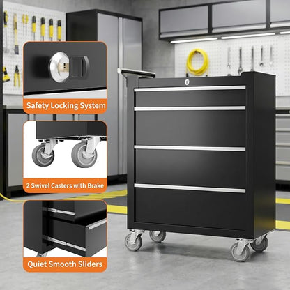 Rolling Tool Chest, 4-Drawer Tool Storage Cabinet, Tool Box with Wheels, Lock System and Drawer Liners, Tool Cart for Warehouse, Workshop and Repair Shop, Black