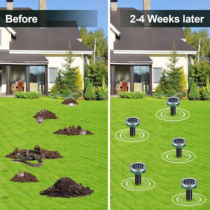 8 Pack Mole Repellent Solar Powered Snake Repellent Ultrasonic, Gopher Repeller Sonic Mole Deterrent Spikes, Snake Gopher Vole Repellent Outdoor for Lawn Garden & Yard-Green