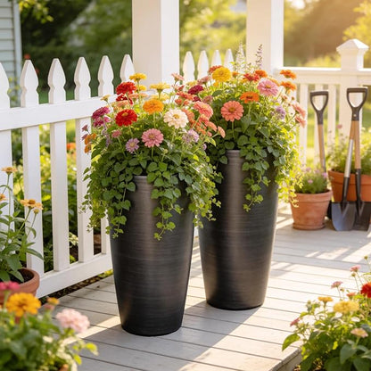 Autodaya 22.8" Tall Black Brushed Resin Planters Set of 2 | High-Density Resin Pots with Drainage Hole For Patio, Garden, Porch, Living Room, Indoor or Outdoor Use, and Gifting