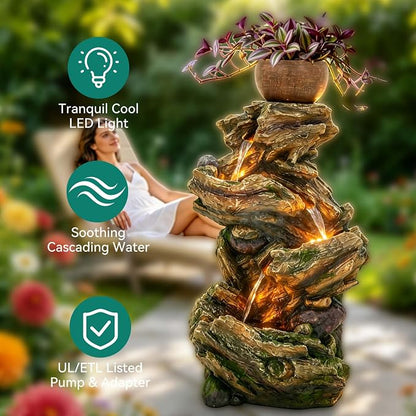 33" Rustic Tree Trunk Outdoor Water Fountain with Planters, Handcrafted 5-Tier Cascading Water Feature with Moss & LED Lights, Relaxing Tranquil Decor for Garden Yard Patio Porch