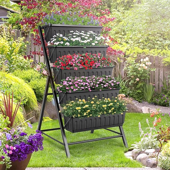 Suyncll 2 Pack Vertical Raised Garden Bed, 5 Tiers Elevated Planter Box with Drainage System and 4 Hooks, 4FT Vertical Planter for Herbs Vegetables Flowers, Black
