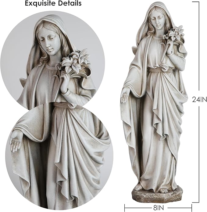 Grace4Joy Virgin Mary Statue Outdoor, 24 Inches Blessed Mother Mary Garden Statue, Rustic Saint Mary Holding Lilies Outdoor Sculpture for Home Yard Patio Lawn Hallway Decor