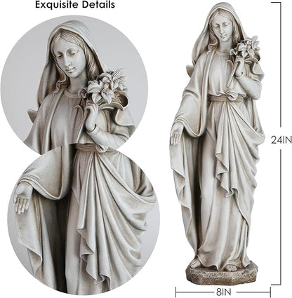 Grace4Joy Virgin Mary Statue Outdoor, 24 Inches Blessed Mother Mary Garden Statue, Rustic Saint Mary Holding Lilies Outdoor Sculpture for Home Yard Patio Lawn Hallway Decor