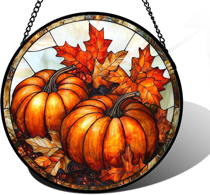 DASTOLL Stained Glass Window Hanging, Pumpkin Maple Leaf Suncatcher for Doors Home Sun Catchers Decoration and Christmas, Mother's Day Birthday Gifts for Women, Men, and Mom 6.3 in