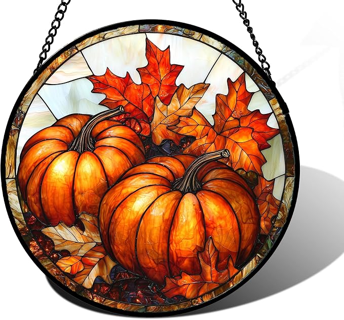 DASTOLL Stained Glass Window Hanging, Pumpkin Maple Leaf Suncatcher for Doors Home Sun Catchers Decoration and Christmas, Mother's Day Birthday Gifts for Women, Men, and Mom 9.8 in