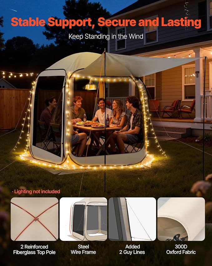 VEVOR Pop Up Screen House Tent, 6 x 6 ft, 4-6 Person Screen Gazebo with Extended Awning, Portable Screened in Canopy with Carry Bag, Netting Sides, for Patio, Backyard, and Outdoor Activities, Beige