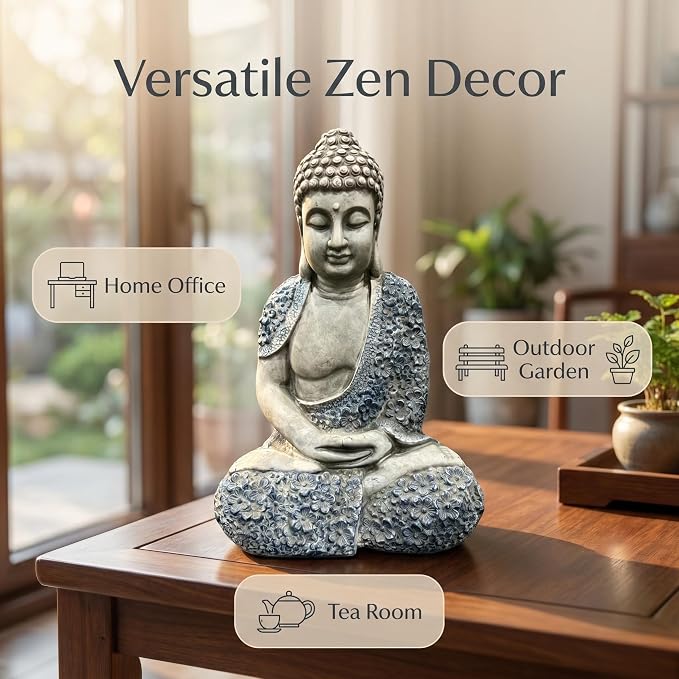 Large 16" Meditating Buddha Statue with Blue Accents, Weatherproof Resin Sculpture for Outdoor Patio Yard Zen Decor, Feng Shui Mindfulness Ornament, Housewarming Spiritual Gift