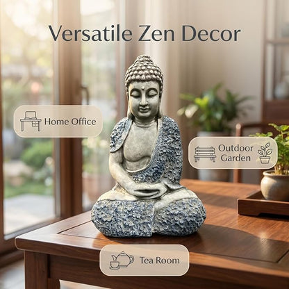 Large 16" Meditating Buddha Statue with Blue Accents, Weatherproof Resin Sculpture for Outdoor Patio Yard Zen Decor, Feng Shui Mindfulness Ornament, Housewarming Spiritual Gift