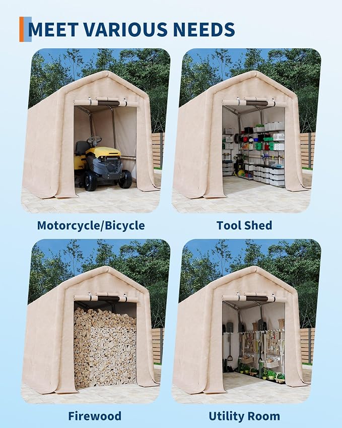 7X10 Ft Heavy-Duty Portable Outdoor Storage Shed with Roll-Up Door & Vent, 240g Waterproof PE Tarp & UV Protection, Carport Storage Shelter for Motorcycles, Firewood, Garden Tools - Khaki