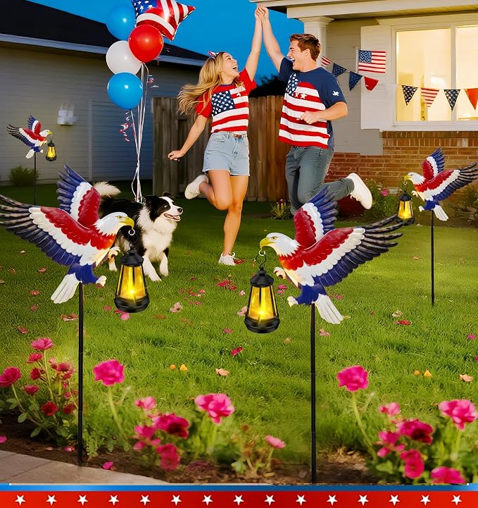 Solar Lights Outdoor Waterproof Eagle Garden Decor,2 Packs 29.9in Metal Eagle with Solar Lights,250th Anniversary America Eagle Patriotic Decorations,Decorative Garden Stakes for Yard Art Patio Porch