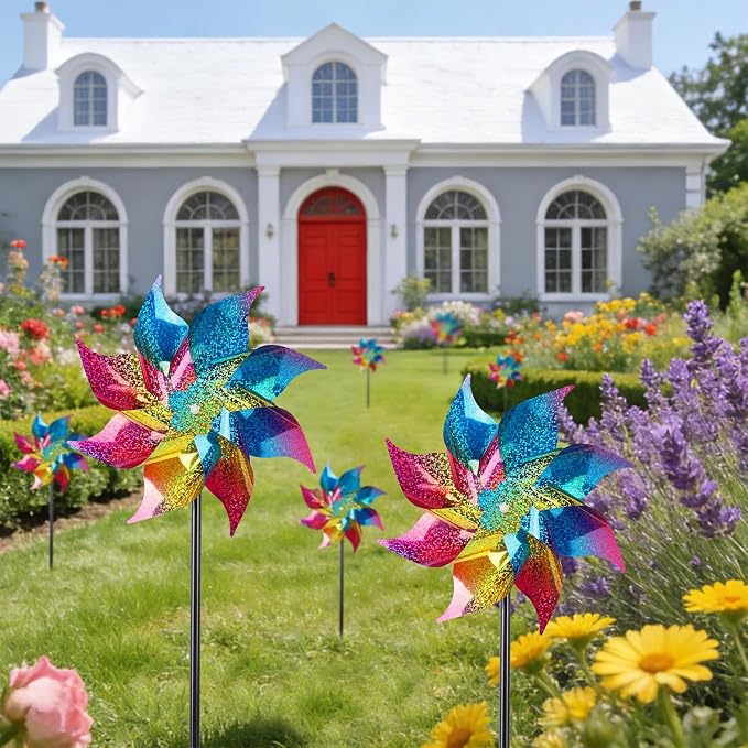 Hausse 12 Pack Reflective Pinwheels with Stakes (Pre-Assembled), Extra Sparkly Rainbow Pin Wheel for Garden Decor, Bird Repellent Devices Deterrent to Scare Birds Away from Yard Patio Farm, Colorful