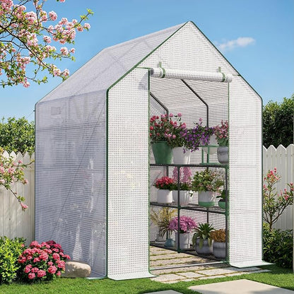 Greenhouse for Outdoors, Portable Green House, Walk in Greenhouses with Durable PE Cover, 57 x 57 x 76 inch Greenhouse with Shelves Stands,White