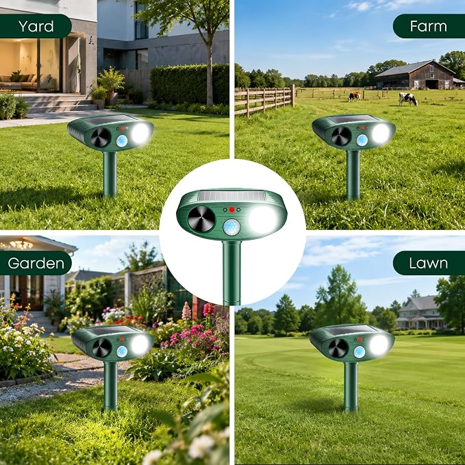 2026 Upgraded Solar Ultrasonic Animal Repeller Outdoor, Sonic Fortress Pro Deer Repellent with Motion, Waterproof,Cat Deterrent for Garden Yard, Squirrel Raccoon Skunk Rabbit Dog Bird (Green, 4-Pack)