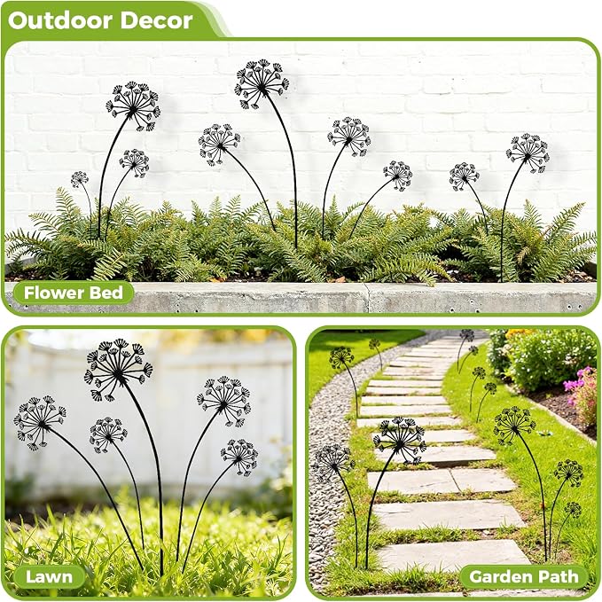 KODIBO 5-Pack Metal Garden Stakes, Black Dandelion Outdoor Yard Art Decor | Outdoor-Resistant Metal, Black Dandelion Silhouette, Matte Powder-Coated, Modern Minimalist Garden Accents for Lawn Patio