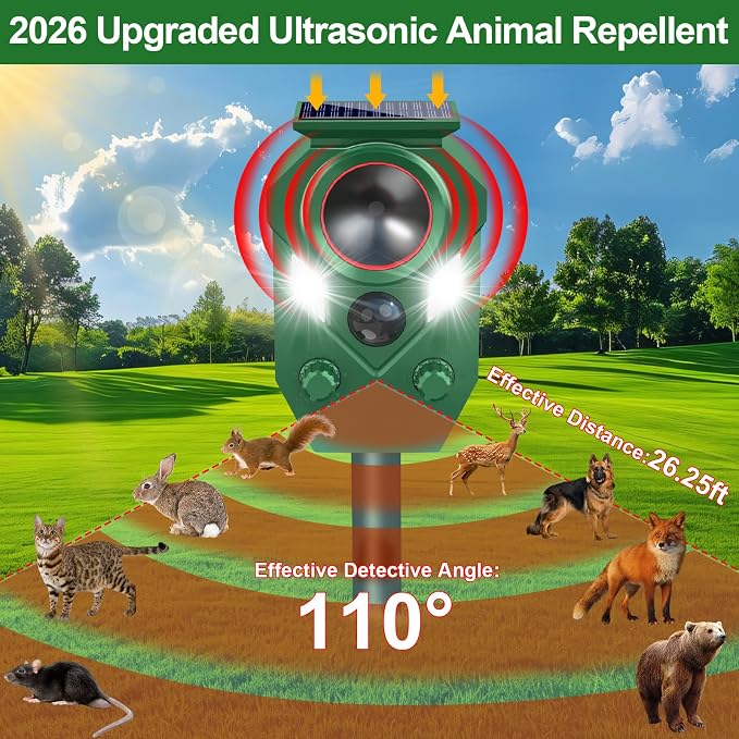Solar Animal Repellent,Ultrasonic Cat Repellent Outdoor with Motion Sensor,Waterproof Rabbit Repeller with Flashing Light Defender Dog, Mouse,Squirrel,Raccoon,Skunk,Deer for Yard Farm Garden-2 Pack