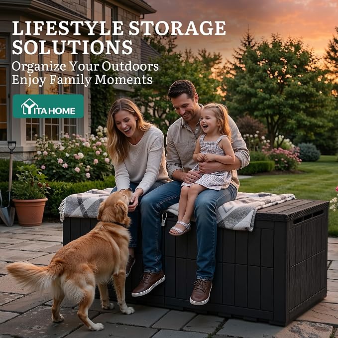 YITAHOME 240 Gallon Large Outdoor Storage Box XXL Resin Deck Box with Lock | Extra-Large Waterproof Patio Furniture Bin and 3-Person Bench Seating for Garden Tools & Pool Accessories, Black