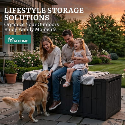 YITAHOME 240 Gallon Large Outdoor Storage Box XXL Resin Deck Box with Lock | Extra-Large Waterproof Patio Furniture Bin and 3-Person Bench Seating for Garden Tools & Pool Accessories, Black