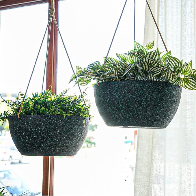 SwinDuck 13 Inch 2 Pack Large Hanging Planters for Indoor Outdoor Plants, Plastic Hanging Basket Pots for House Plants Flowers, Black Speckles