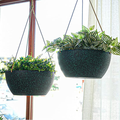 SwinDuck 13 Inch 2 Pack Large Hanging Planters for Indoor Outdoor Plants, Plastic Hanging Basket Pots for House Plants Flowers, Black Speckles