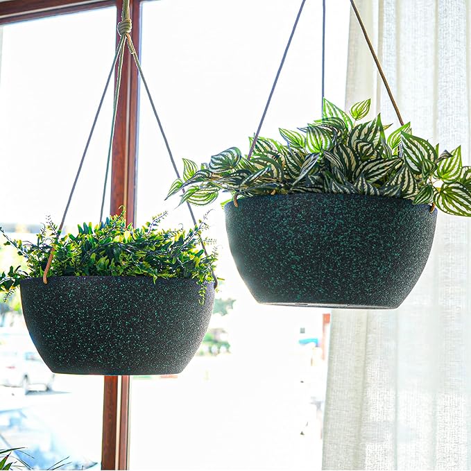 SwinDuck 12 Inch 2 Pack Large Hanging Planters for Indoor Outdoor Plants, Plastic Hanging Basket Pots for House Plants Flowers, Black Speckles