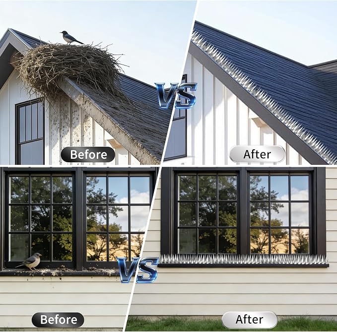 Bird Spikes, 18M Stainless Steel Bird Deterrent Spikes for Outside, Pigeon and Small Bird Control, Easy to Install Fence Roof Window Spikes, 60 Strips 60 Feet Coverage