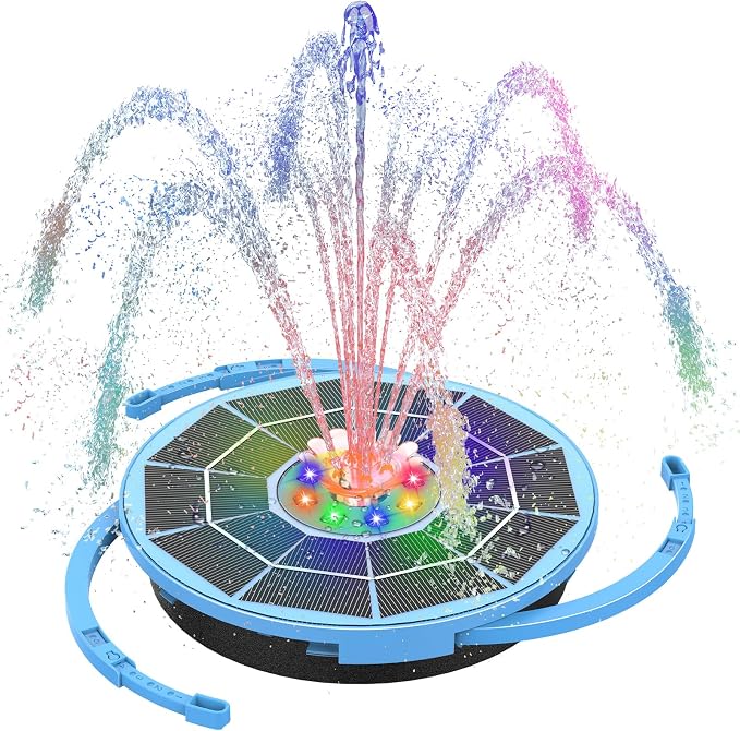 AISITIN 3.5W Solar Bird Bath Fountain with LED Colorful Lights & 3000mAh Battery, Solar Fountain Pump with 10 Nozzles, Solar Water Pump for Garden, Pond and Outdoor (Blue)