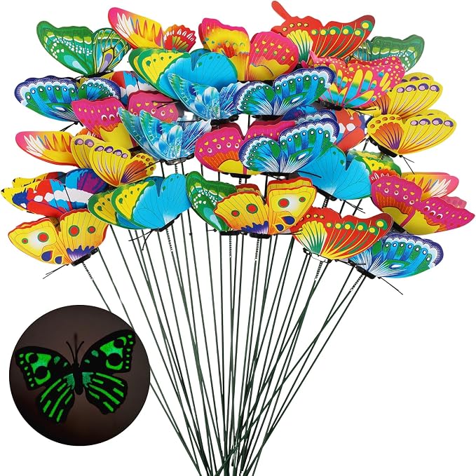 30PCS Luminous Butterfly Garden Decor Butterfly Stakes for Garden Favors | 3D Waterproof Reusable Artificial Butterflies for Flower Arrangements Outdoor Indoor Spring Garden Decor