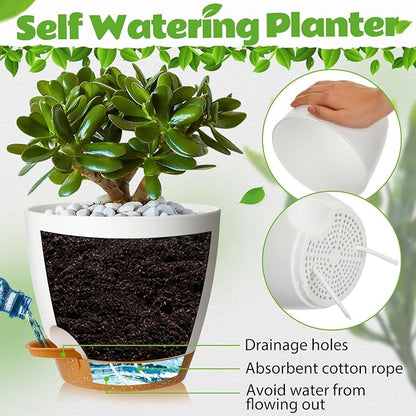 Remerry 15 Pcs 7/6.5/6/ 5.5/5 Inch Self Watering Planters with Drainage Hole Plant Pots Plastic Flower Pots Self Watering Pot and Saucer Reservoir for Garden Plant Flower (White)