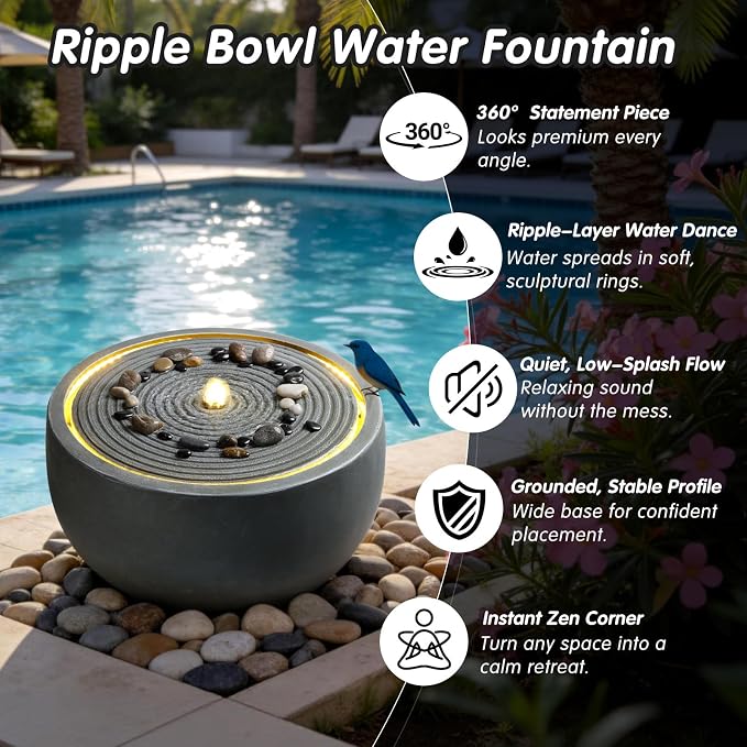 12.2" Outdoor Water Fountain, Modern Round Bowl Ripple Design, Outdoor Fountain with LED Lights, Outdoor Freestanding Fountain with Pump, Garden Water Feature, Concrete Bowl, Blue Gray