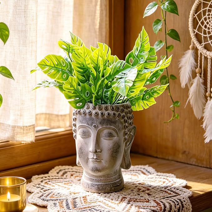 Buddha - Face Flower Pot - Head Planters - Garden Statue - Cactus Succulents Planter Pot Indoor Outdoor Planter with Drainage Hole Unique Garden Farmhouse Decor 6.25*6.5*8.25 Inch Newman House Studio
