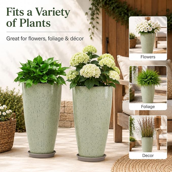 Neoaider Set of 2 Tall Planter, 21 inch Large Plastic Planter, Drip Glaze | Ceramic-Look, Lightweight, Built-in Drain Hole, Saucers, Tall Outdoor Planter for Porch, Garden, Patio, Balcony