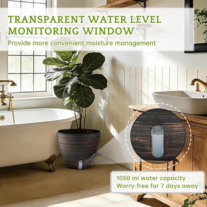 ZMTECH 10 Inch Self Watering Pots for Indoor/Outdoor Plants, 4 Pack Bronze Large Plastic Planter with Water Level Indicator, Drainage Hole & Removable Saucer for Garden Flowers, Deco Plant Container