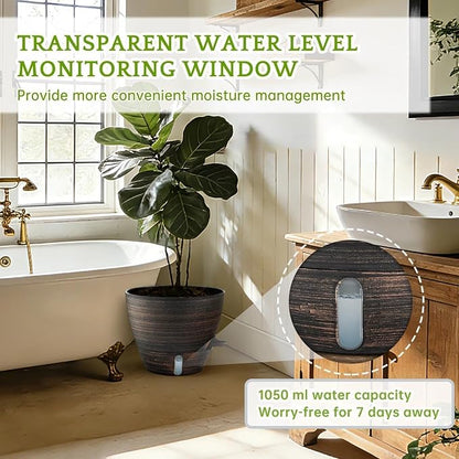 ZMTECH 10 Inch Self Watering Pots for Indoor/Outdoor Plants, 4 Pack Bronze Large Plastic Planter with Water Level Indicator, Drainage Hole & Removable Saucer for Garden Flowers, Deco Plant Container