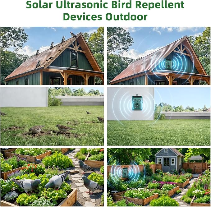 2026 New Solar Ultrasonic Bird Repellent Devices, Woodpecker Deterrent for House Siding, Waterproof Pigeon Repeller Outdoor Animal Repellent for Outside Balcony Patio Garden (2 Pack)