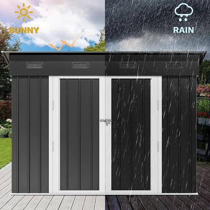 DWVO 9' x 4' Outdoor Storage Shed, Lockable Double Doors, Sloped Roof, Heavy-Duty Steel Shed for Garden & Patio, Large Backyard Tool Organizer, Dark Gray