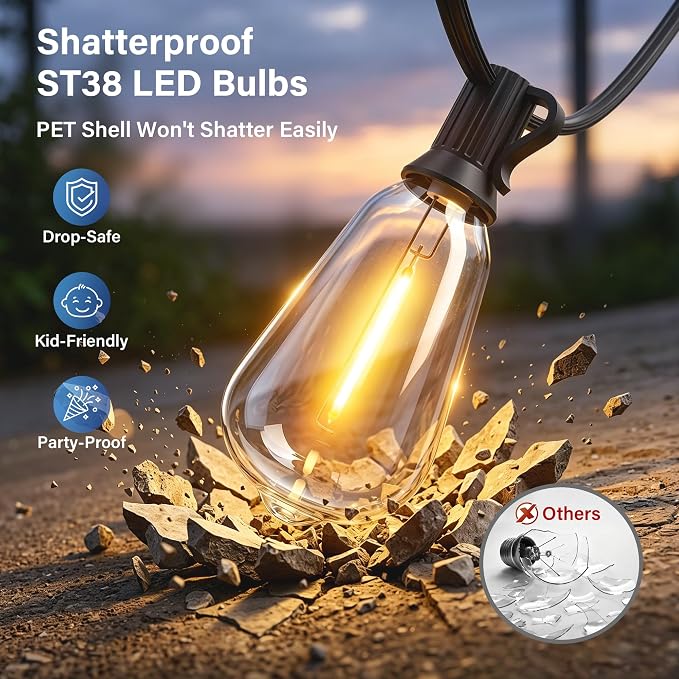 Guhope 102FT Outdoor String Lights with Remote, IP45 Waterproof Dimmable Patio Lights with 39 Shatterproof Edison Bulbs, 24V Connectable Outside Hanging Lights for Porch Garden Backyard Gazebo Party