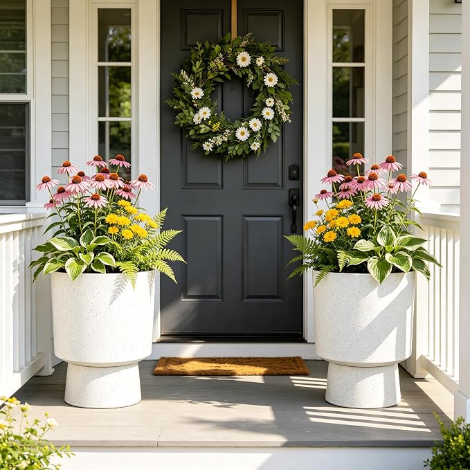 2-Pack 16.75" White Terrazzo Urn Planters with Detachable Bases | Set of 2 PP urn planters with white terrazzo finish, detachable bases, drainage plugs, and UV-treated surface for porch