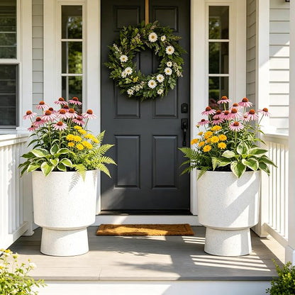 2-Pack 16.75" White Terrazzo Urn Planters with Detachable Bases | Set of 2 PP urn planters with white terrazzo finish, detachable bases, drainage plugs, and UV-treated surface for porch