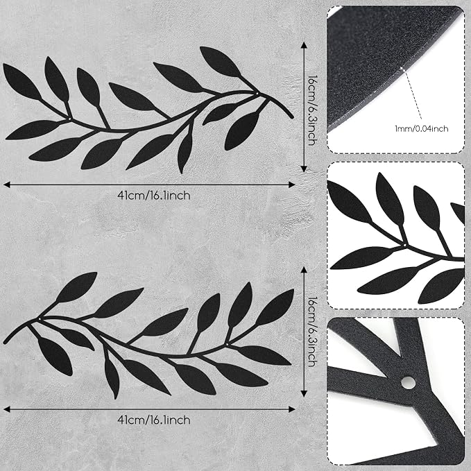 Zhengmy 2 Pieces Metal Tree Leaf Wall Decor Vine Olive Branch Leaf Wall Art Living Room, Hallway Wall Decor Outdoor Decoration (Black)