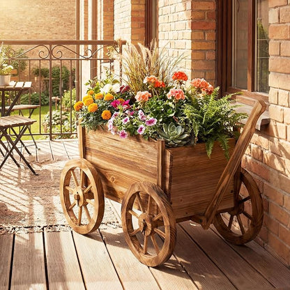 Giantex Wood Wagon Planter Set of 2, Rustic Rolling Flower Pot Stand with Wheels, Handle & Drainage Hole for Growing Vegetables Herbs, Indoor Outdoor Decorative Cart for Patio Balcony Garden